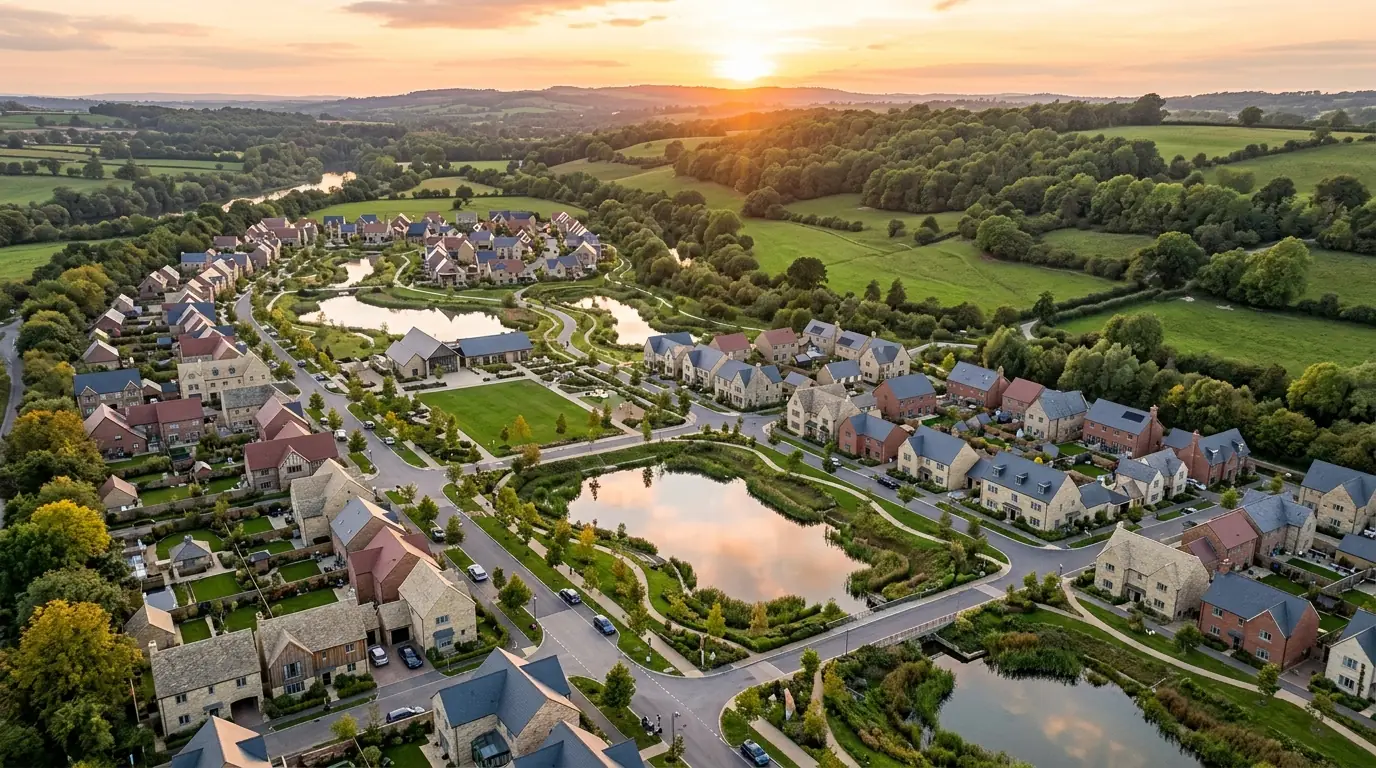 Illustrative masterplan of a residential development with homes, green space and a drainage pond